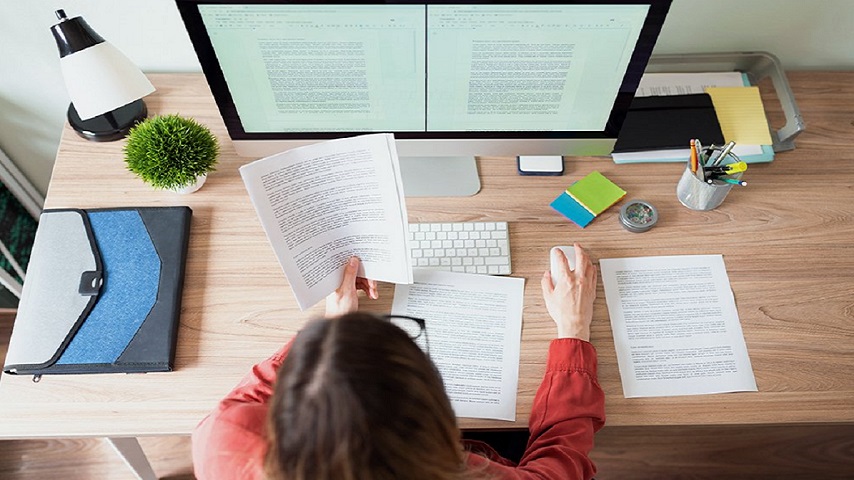 Female translator working on a document